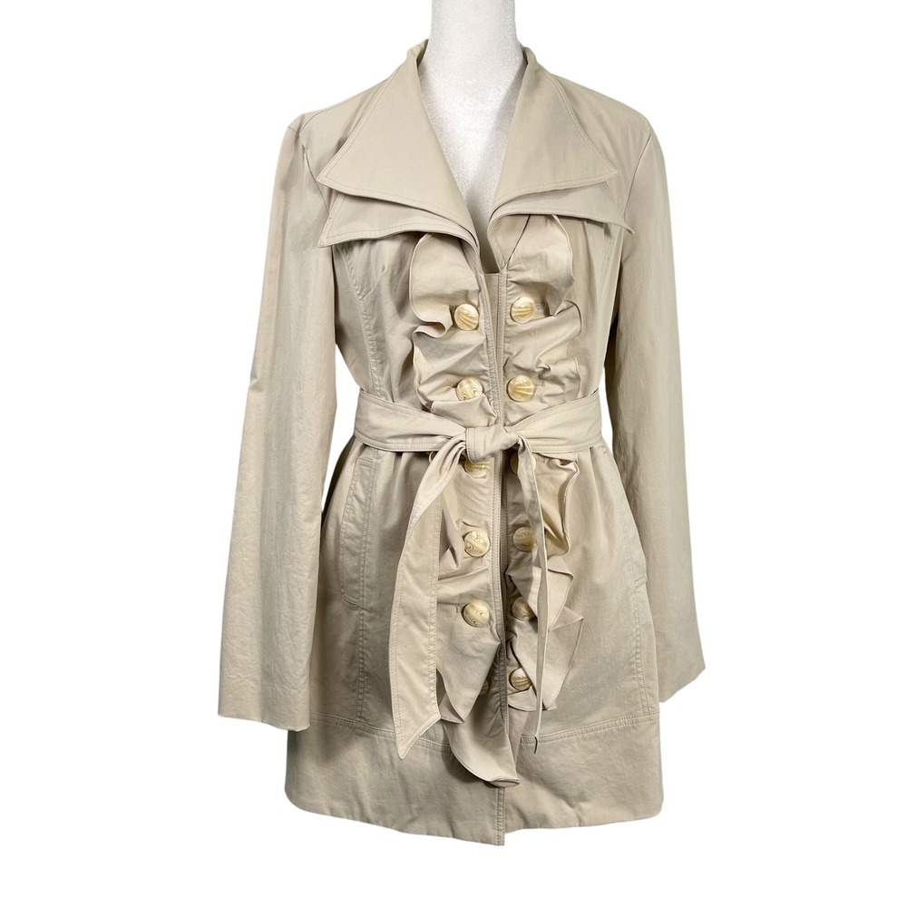 Kenar Trench Coat Womens Small Beige Excellent Ruffle Front Tie Waist Jacket